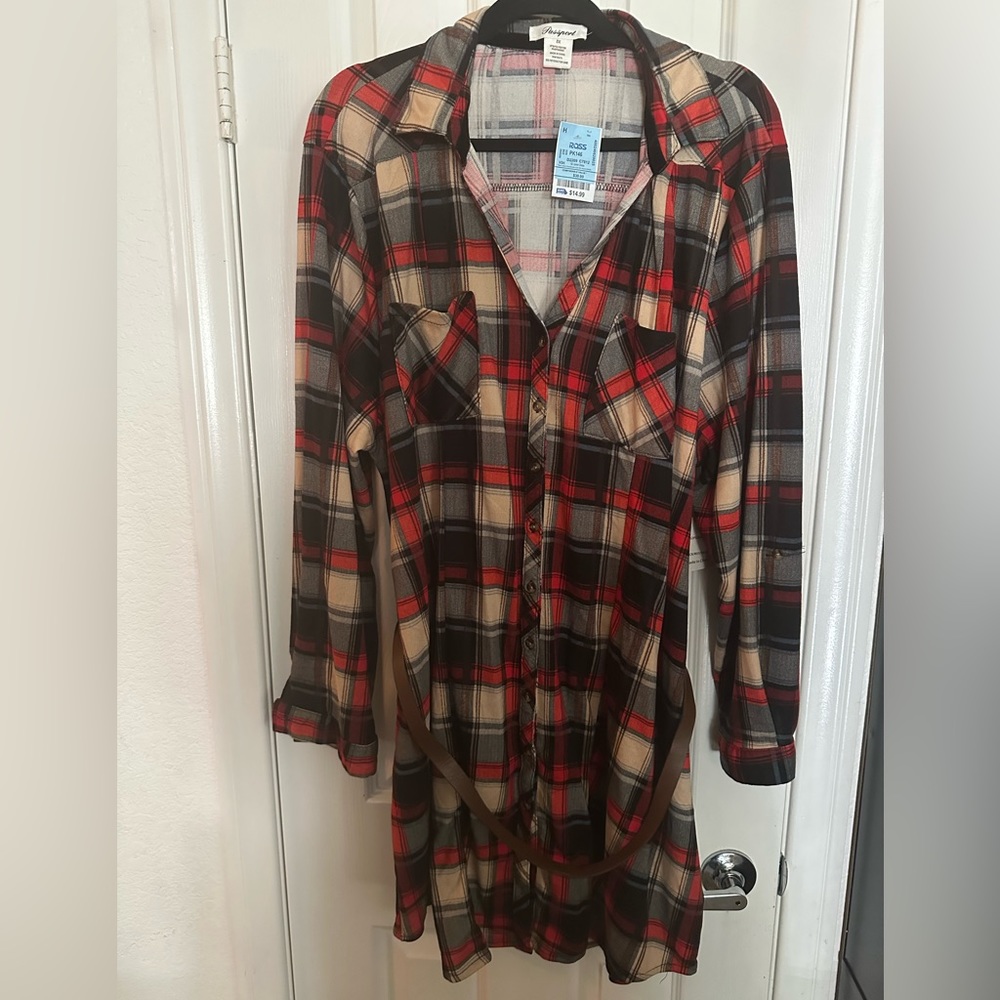 Black, red, tan dress/shirt